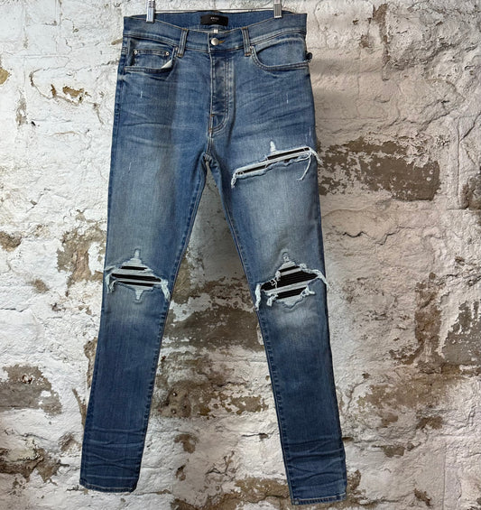 Amiri MX1 Black Leather Dark Blue Denim Jeans Sz 32 DS