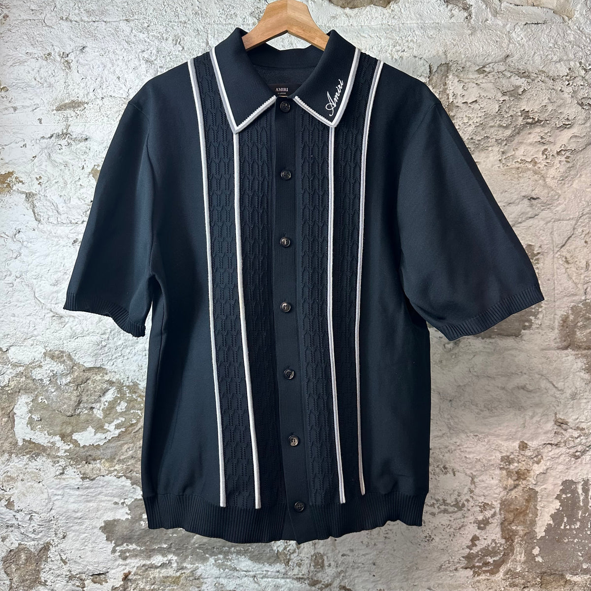 Amiri Striped Panel Black Knitted Button Up Shirt Sz XL