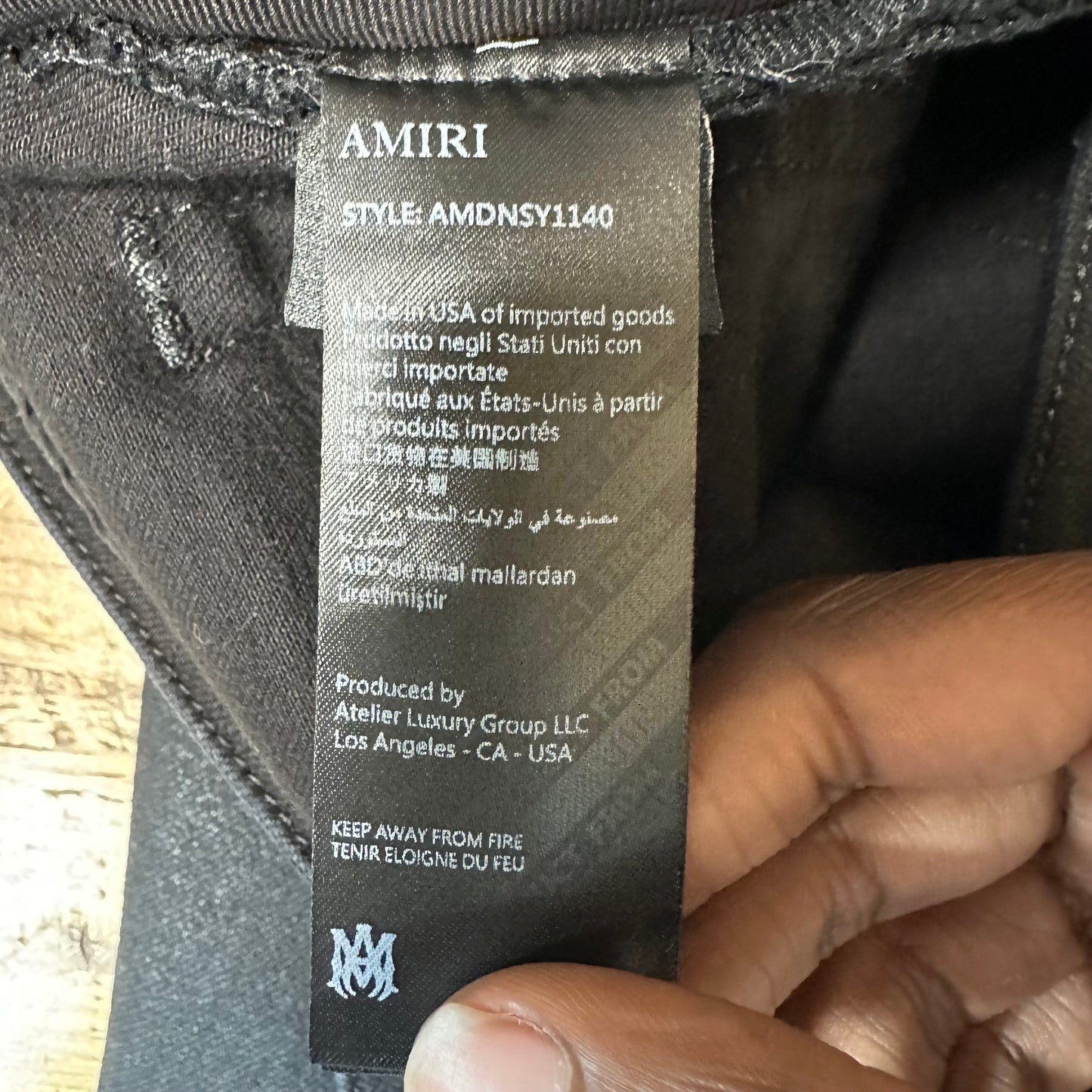 Amiri Leather Stagger Spell Waxed Black Denim Jeans Sz 34