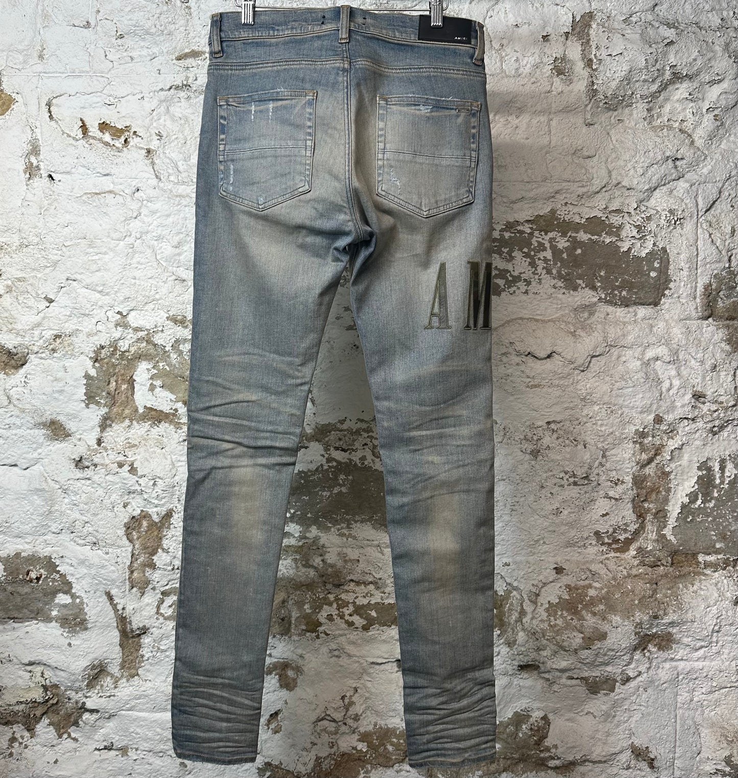 Amiri MX1 Camo Spell Patch Blue Denim Jeans Sz 32