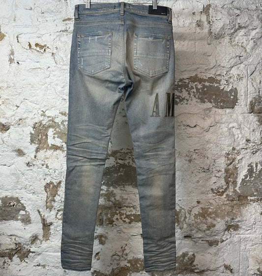 Amiri MX1 Camo Spell Patch Blue Denim Jeans Sz 32