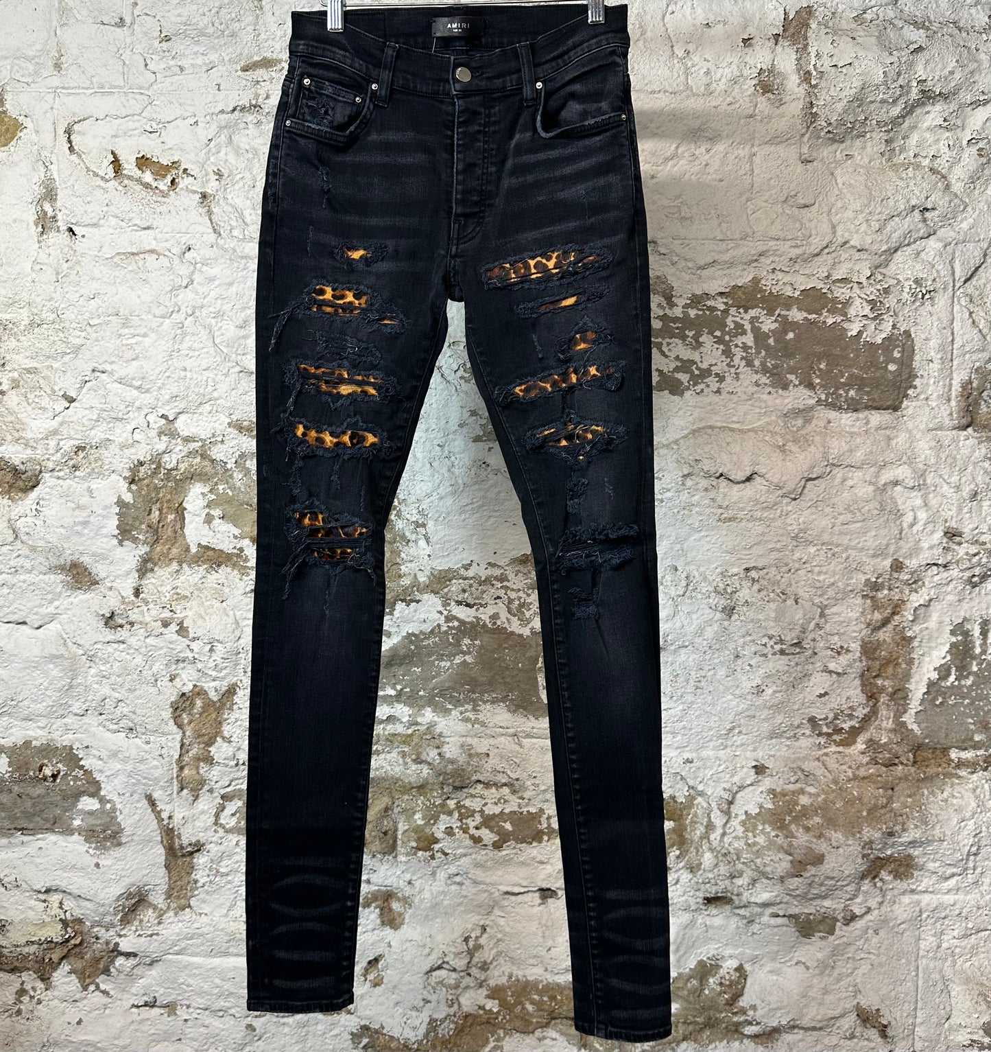 Amiri Leopard Print Black Denim Jeans Sz 28