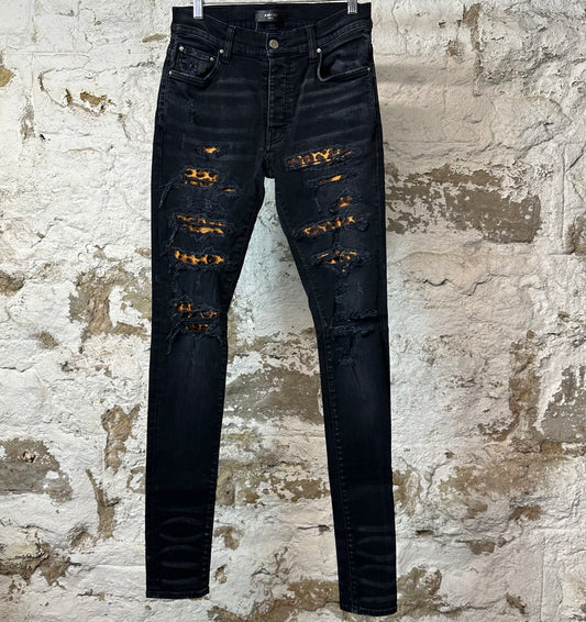 Amiri Leopard Print Black Denim Jeans Sz 28