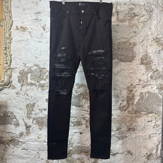Amiri MX1 Black Paisley Thrasher Black Denim Jeans Sz 38