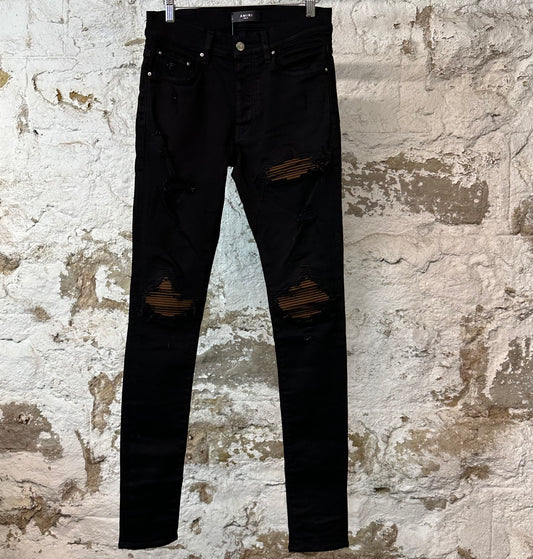 Amiri MX1 Brown Suede Black Denim Jeans Sz 28