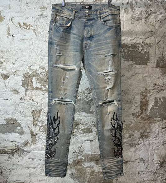 Amiri Black Grey Bandana Flames Blue Denim Jeans