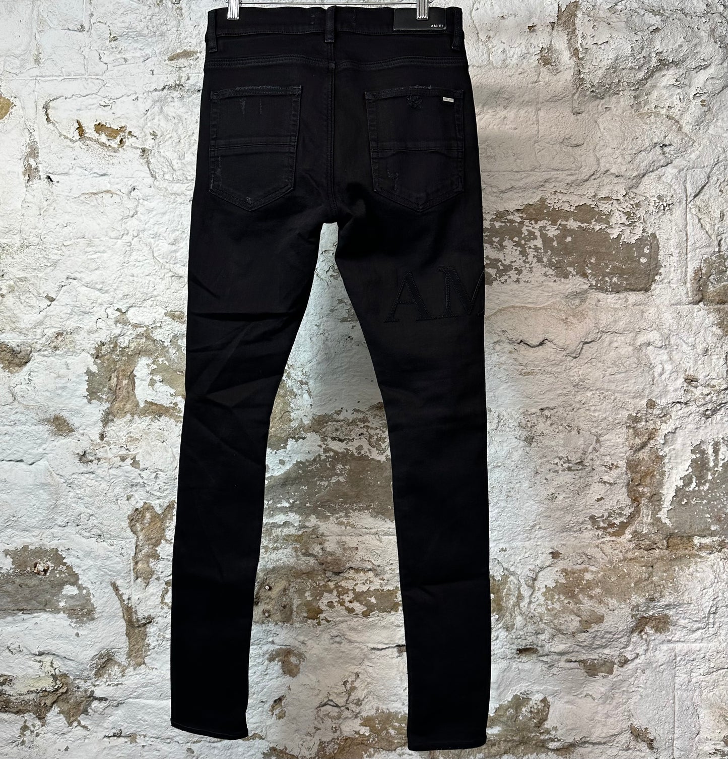 Amiri Black Suede Spell Black Denim Jeans Sz 31