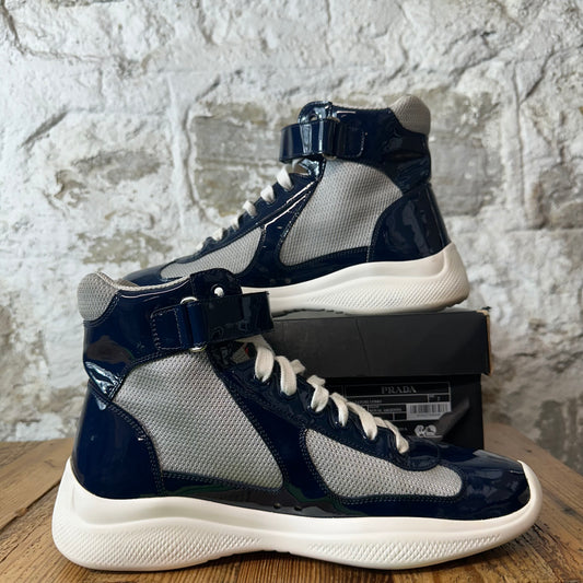 Prada Americas Cup High Navy Patent Grey White Sneaker Sz 7
