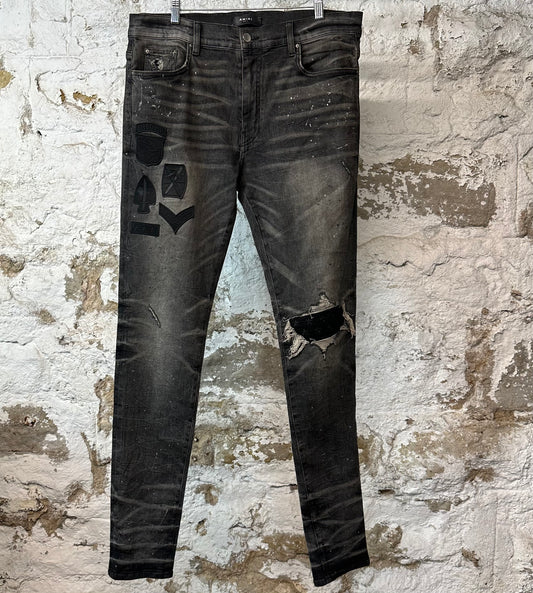 Amiri Air Force Patches Faded Black Denim Jeans Sz 36