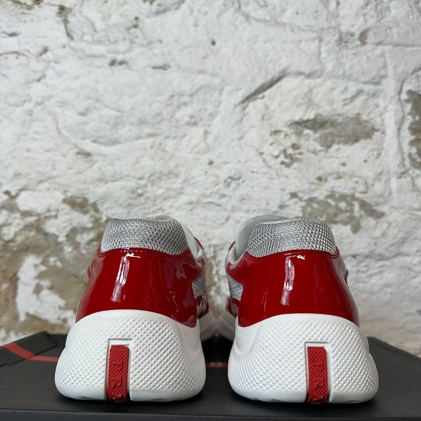 Prada Americas Cup Red Patent Gray White Sneaker Sz 10.5