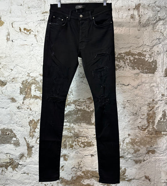 Amiri Black Suede Spell Black Denim Jeans Sz 31