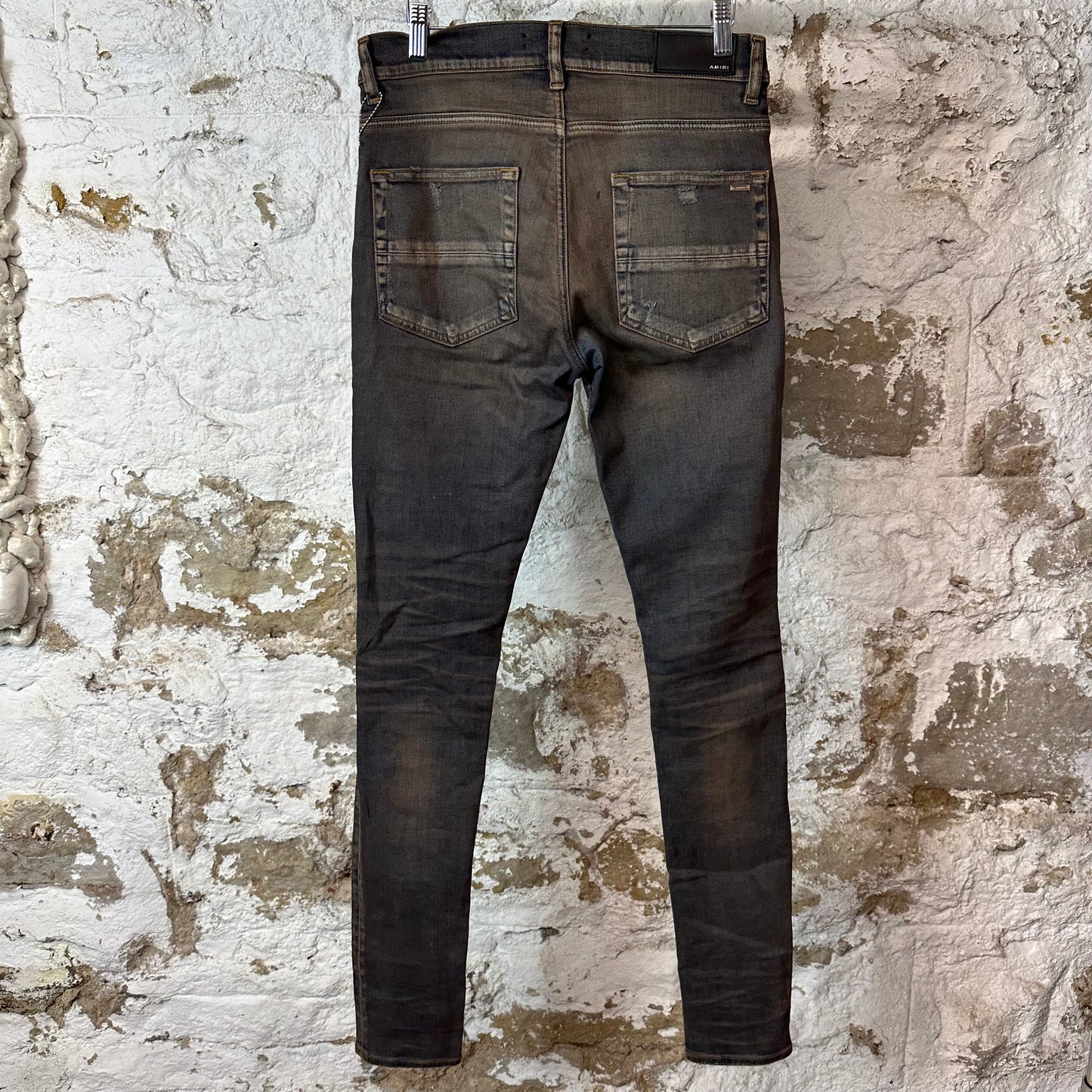 Amiri MX1 Black Leather Thrasher Dirty Blue Denim Jeans Sz 30
