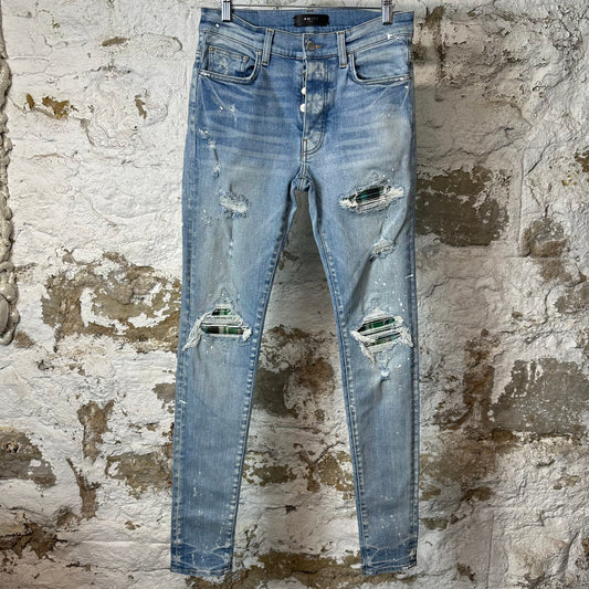 Amiri MX1 Green Plaid Flannel Blue Denim Jeans Sz 30