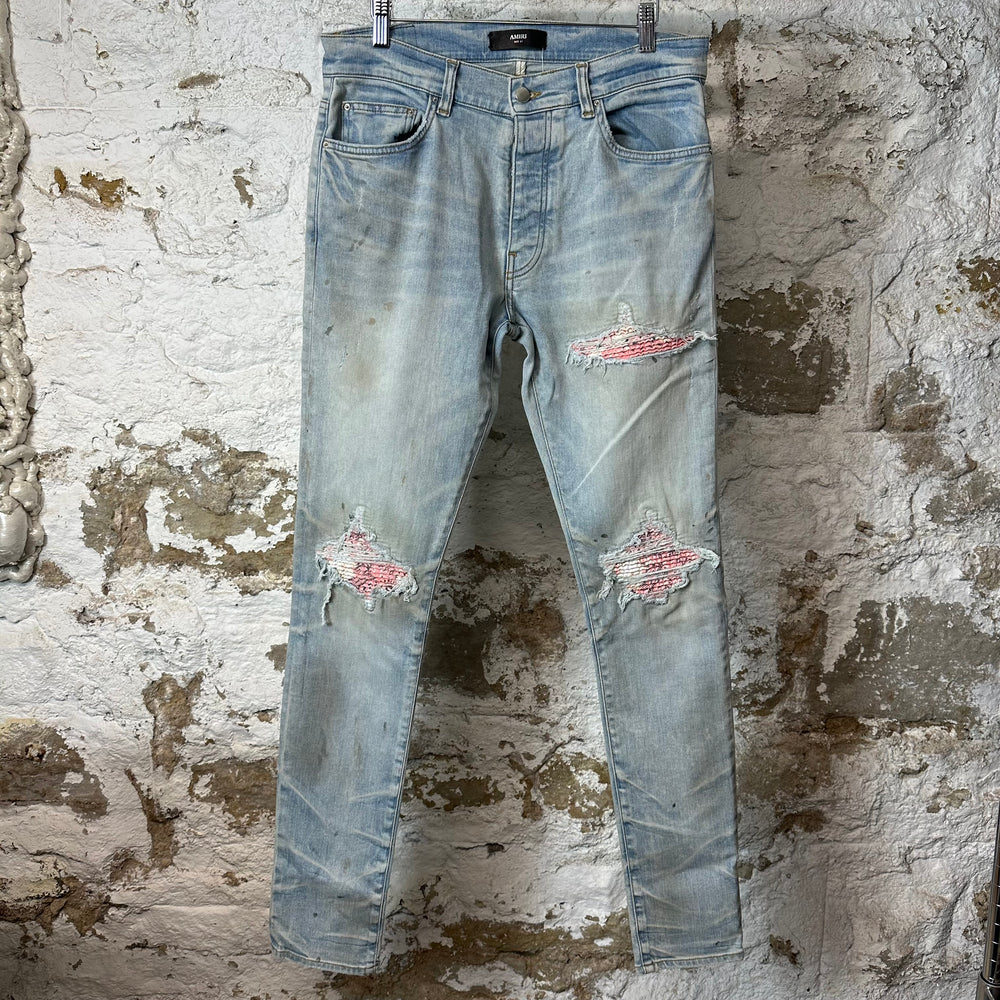 Amiri MX1 Pink Paisley Blue Denim Jeans Sz 31
