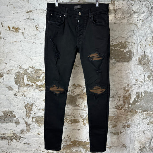 Amiri MX1 Brown Suede Black Denim Jeans Sz 33