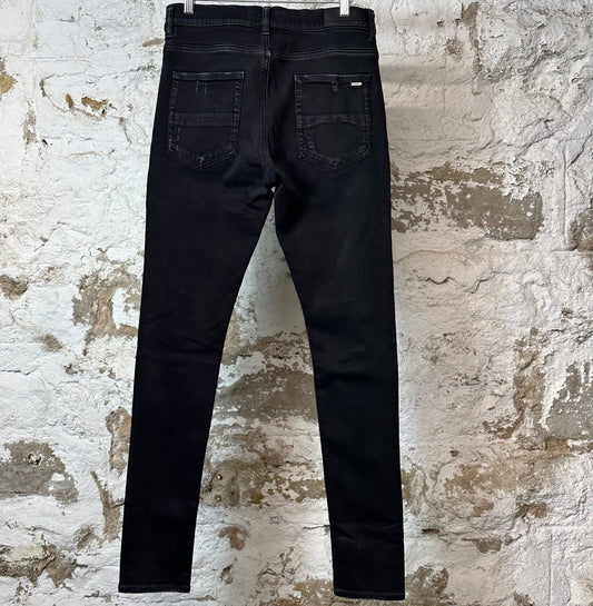 Amiri MX1 Black Leather Black Waxed Denim Jeans Sz 32