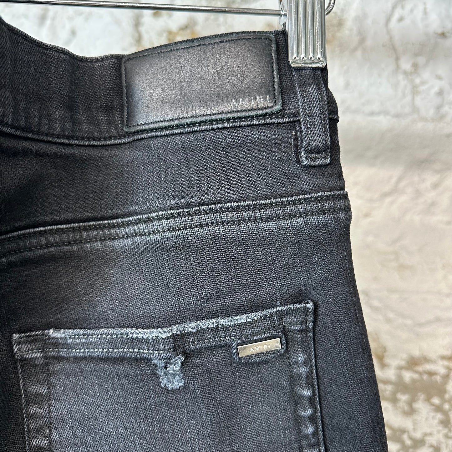 Amiri MX1 Black Leather Black Waxed Denim Jeans Sz 32