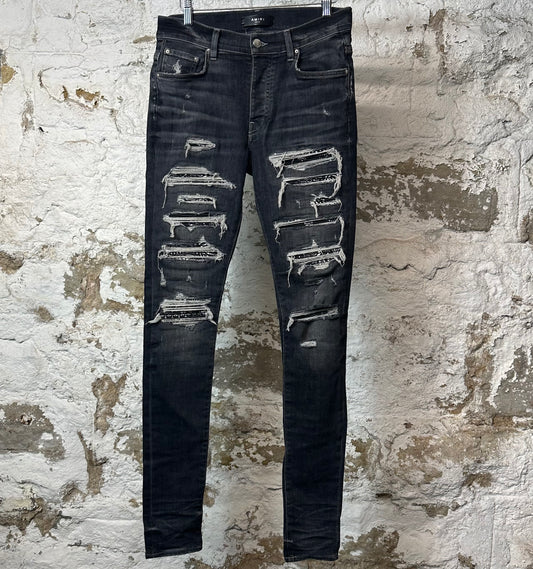 Amiri MX1 Black Paisley Grey Denim Jeans Sz 28