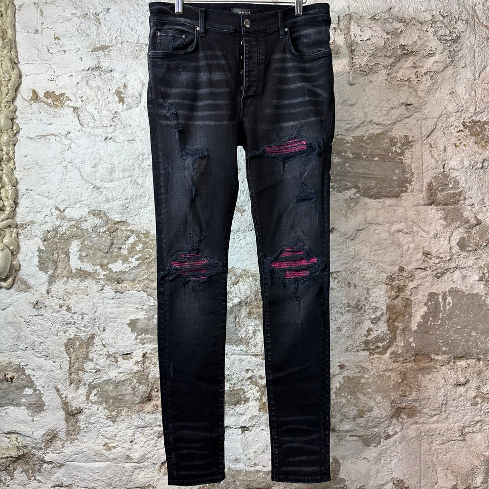 Amiri MX1 Cracked Pink Black Denim Jeans Sz 34