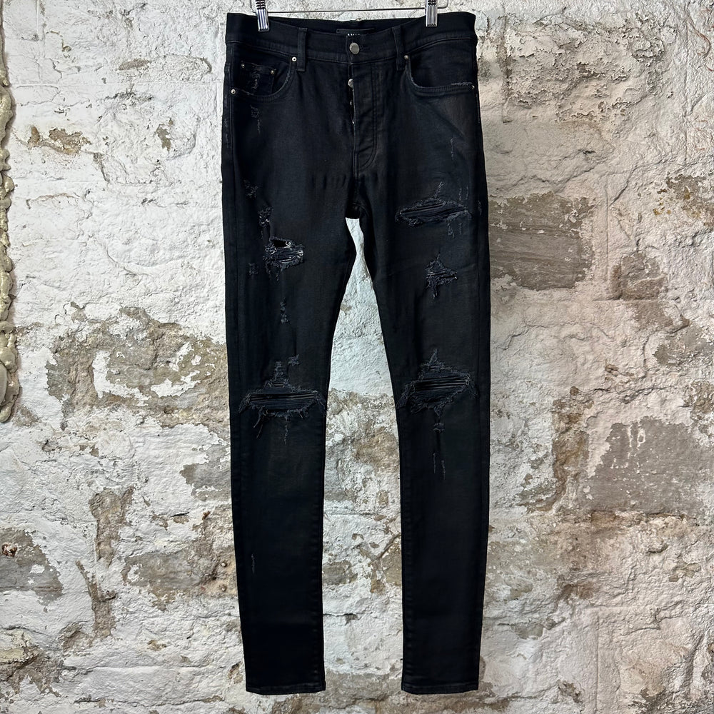 Amiri MX1 Black Leather Waxed Black Denim Jeans Sz 32