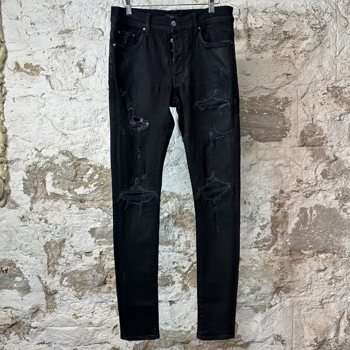 Amiri MX1 Black Leather Waxed Black Denim Jeans Sz 32