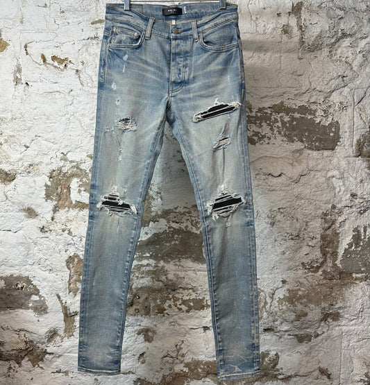 Amiri MX1 Black Leather Blue Denim Jeans Sz 28
