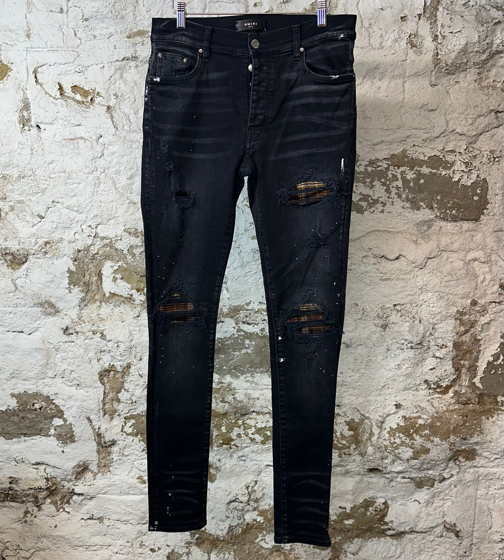 Amiri MX1 Brown Plaid Black Denim Jeans Sz 31