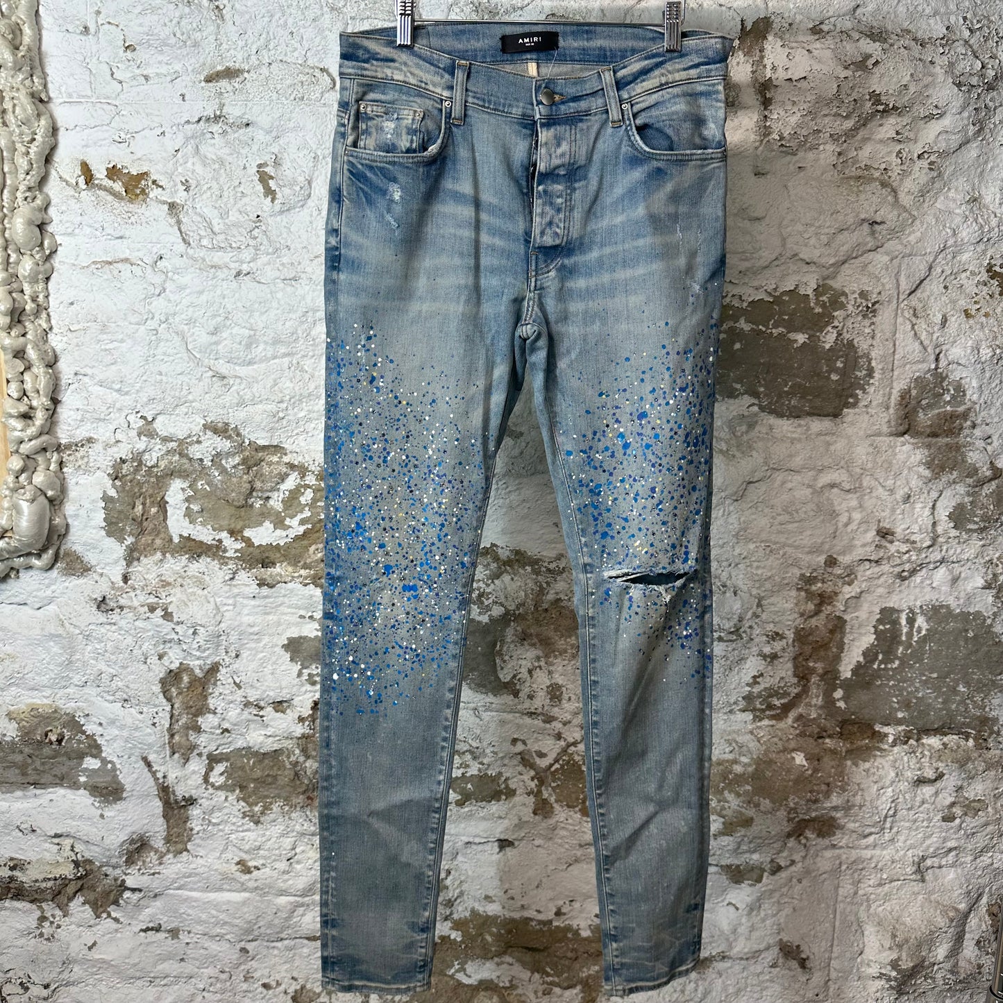 Amiri Knee Rip Crystal Splatter Blue Denim Jeans Sz 32