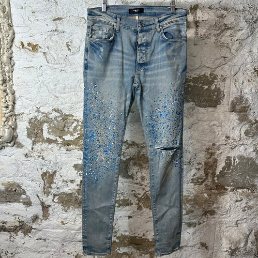 Amiri Knee Rip Crystal Splatter Blue Denim Jeans Sz 32