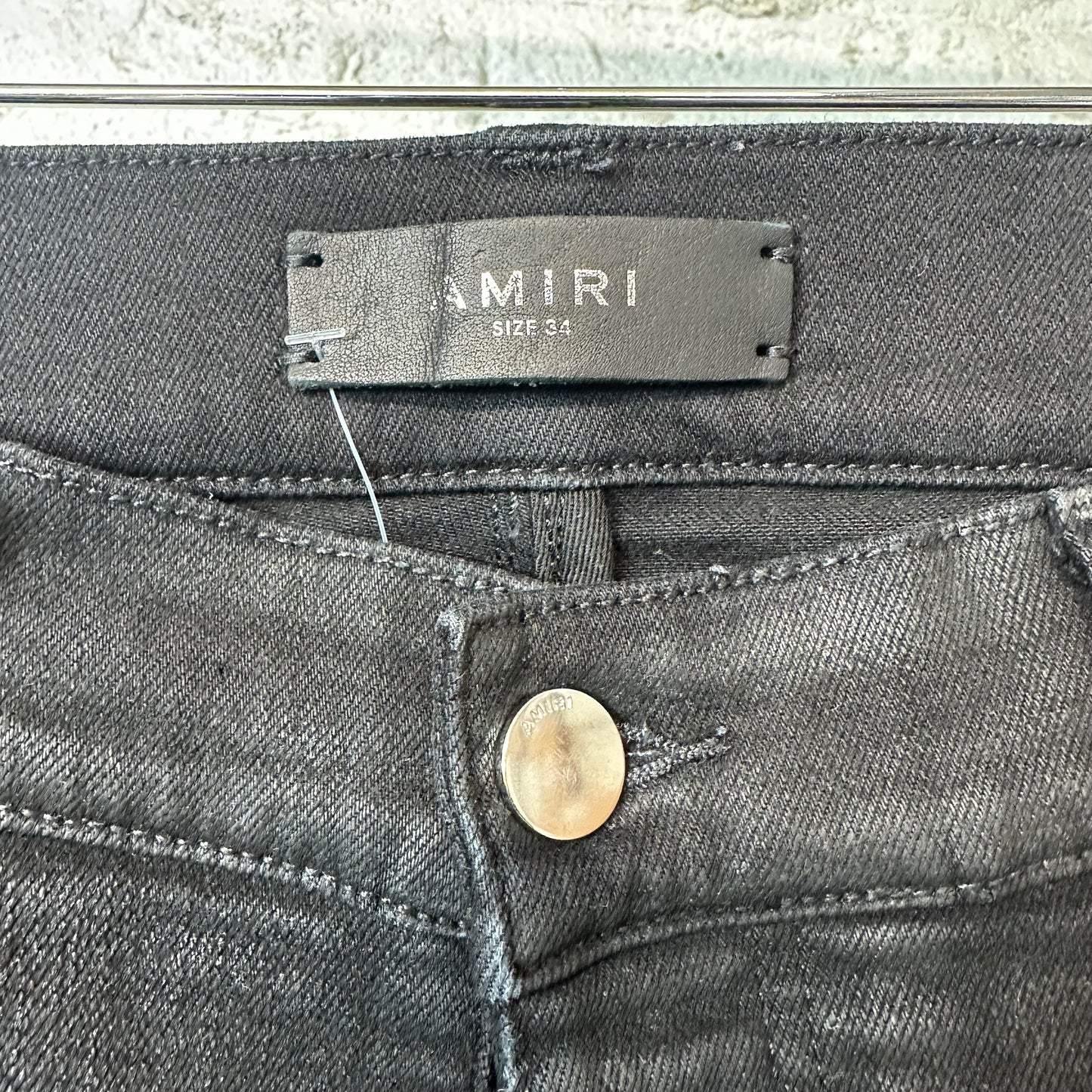 Amiri MX1 Black Leather Black Waxed Denim Jeans Sz 34