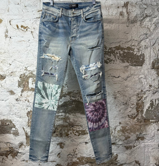 Amiri Multicolor Paisley Patches Blue Denim Jeans Sz 32