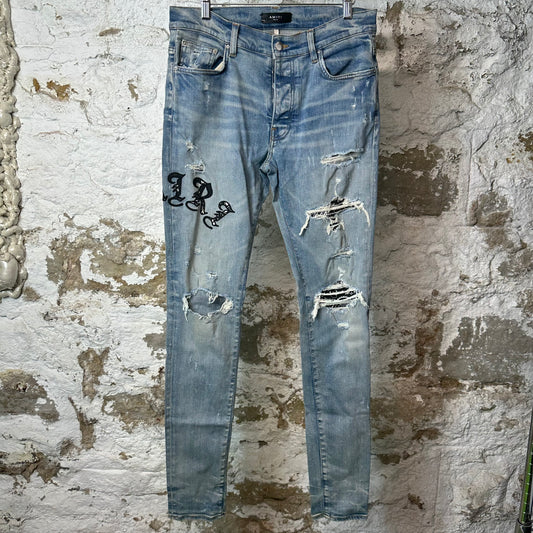 Amiri Black Paisley Old English Blue Denim Jeans Sz 32