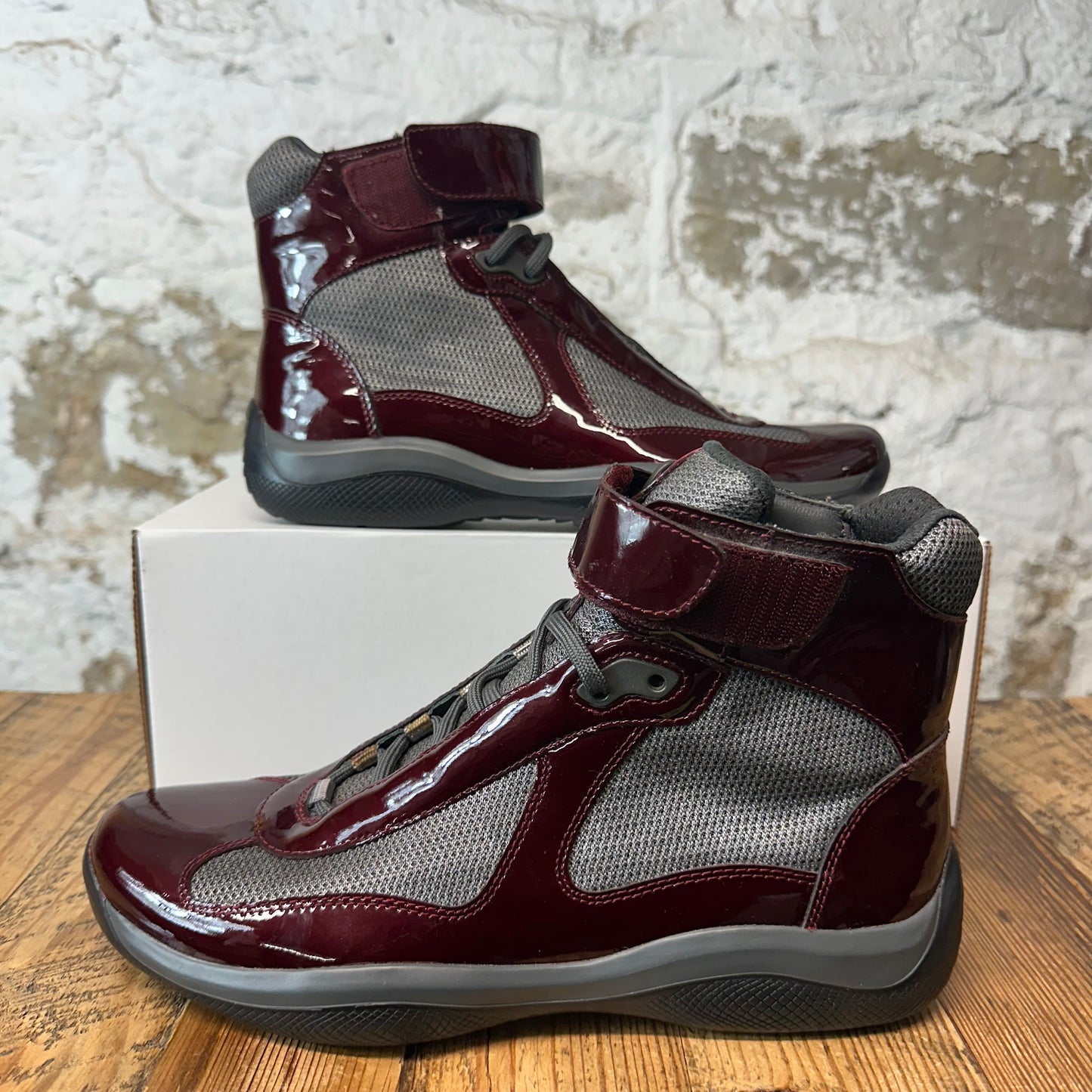 Prada High Americas Cup Vintage Maroon Patent Grey Sneaker Sz 7