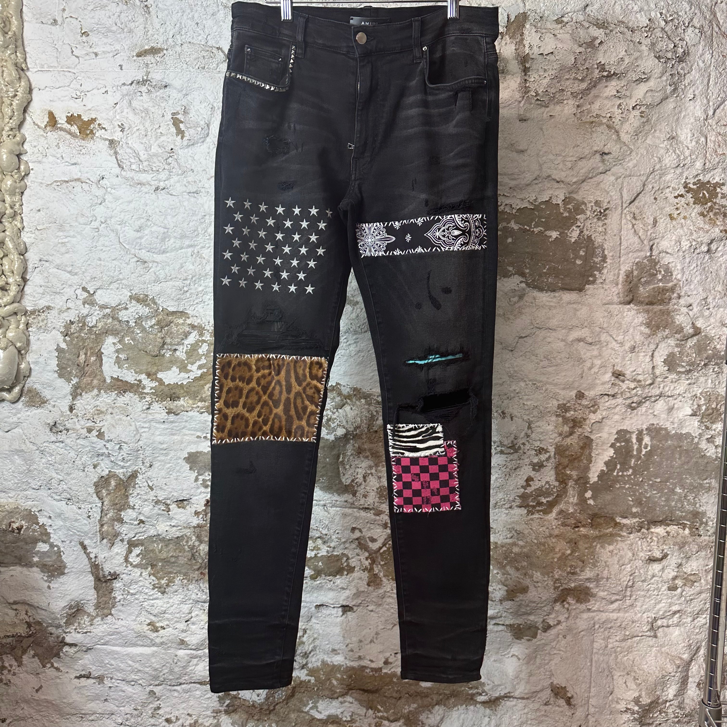Amiri Animal Patches Black Denim Jeans Sz 34