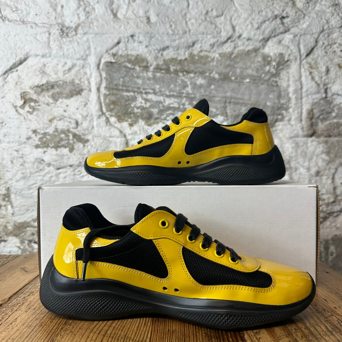 Prada Americas Cup Yellow Patent Black Sneaker Sz 6