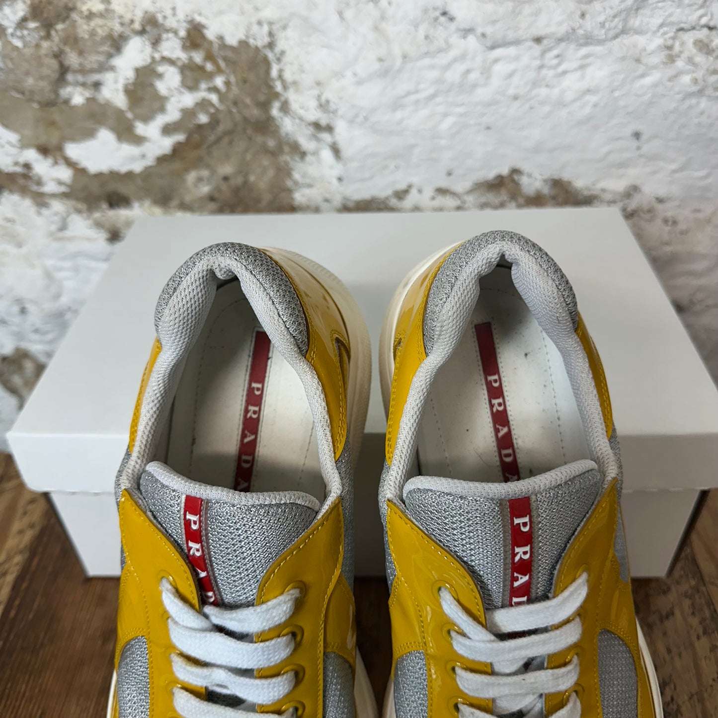 Prada Americas Cup Yellow Patent Gray White Sneaker Sz 9.5 No Box