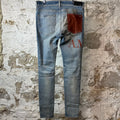 Amiri MX1 Brown Leather Core Logo Blue Denim Jeans Sz 34