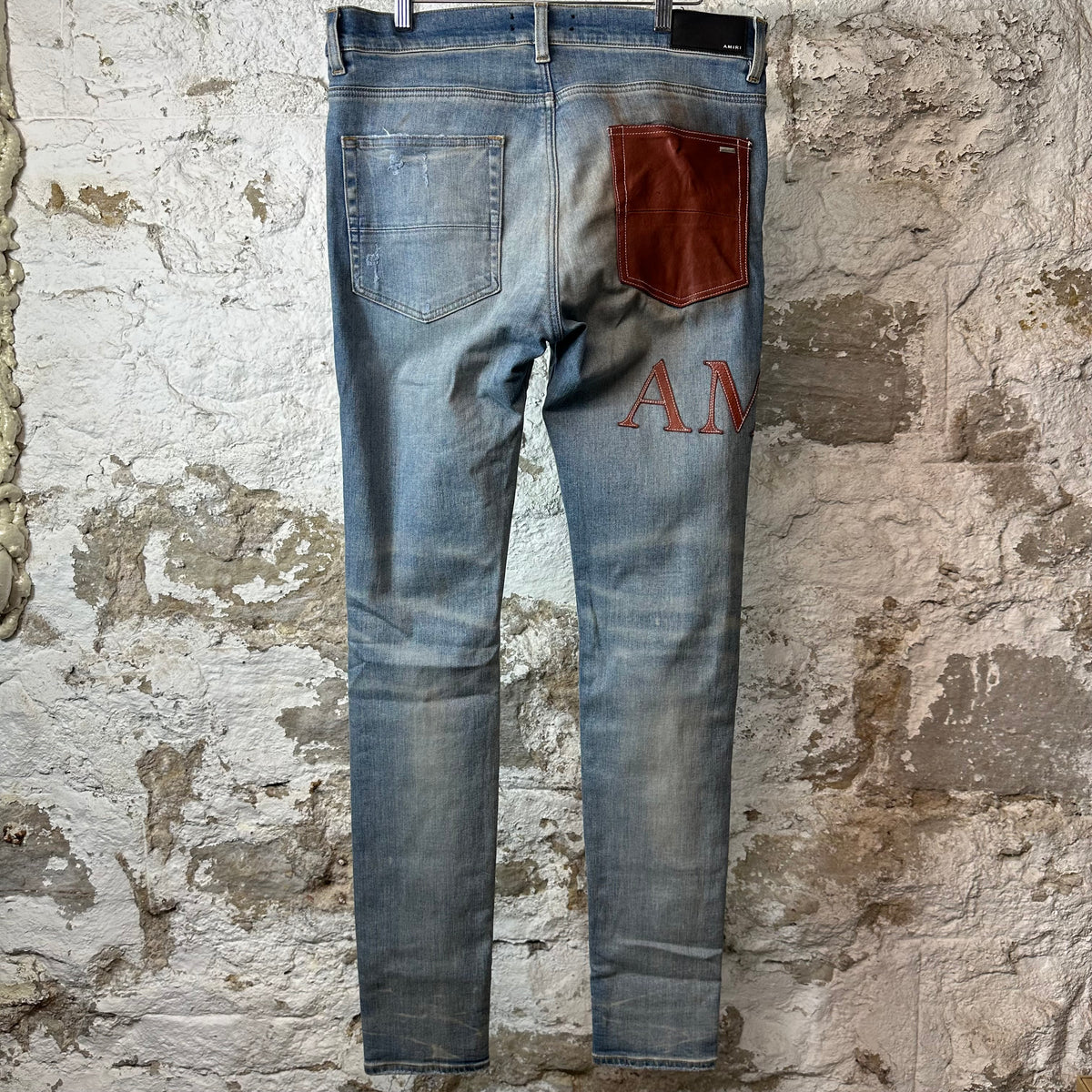 Amiri MX1 Brown Leather Core Logo Blue Denim Jeans Sz 34