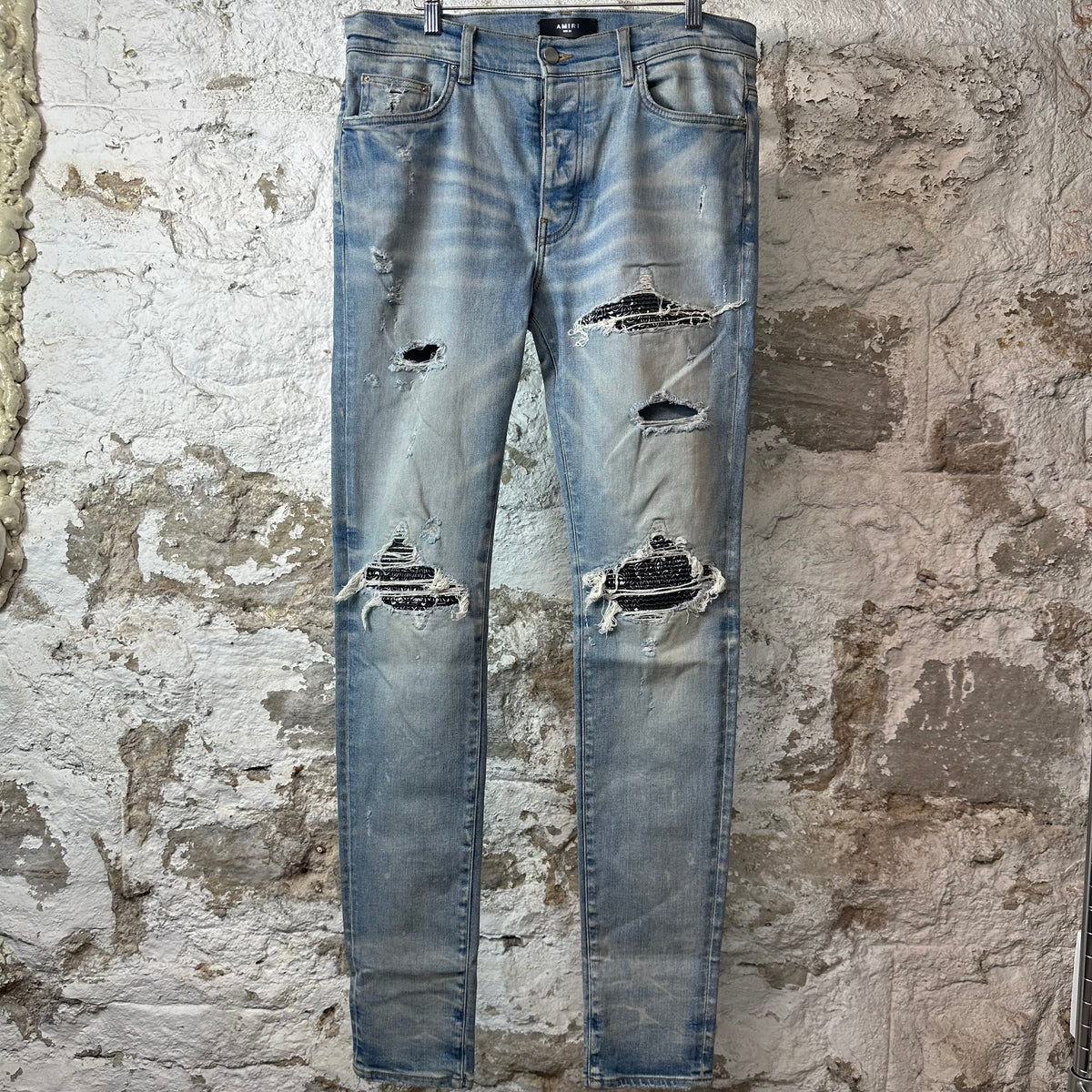 Amiri MX1 Black Paisley Blue Denim Jeans Sz 33