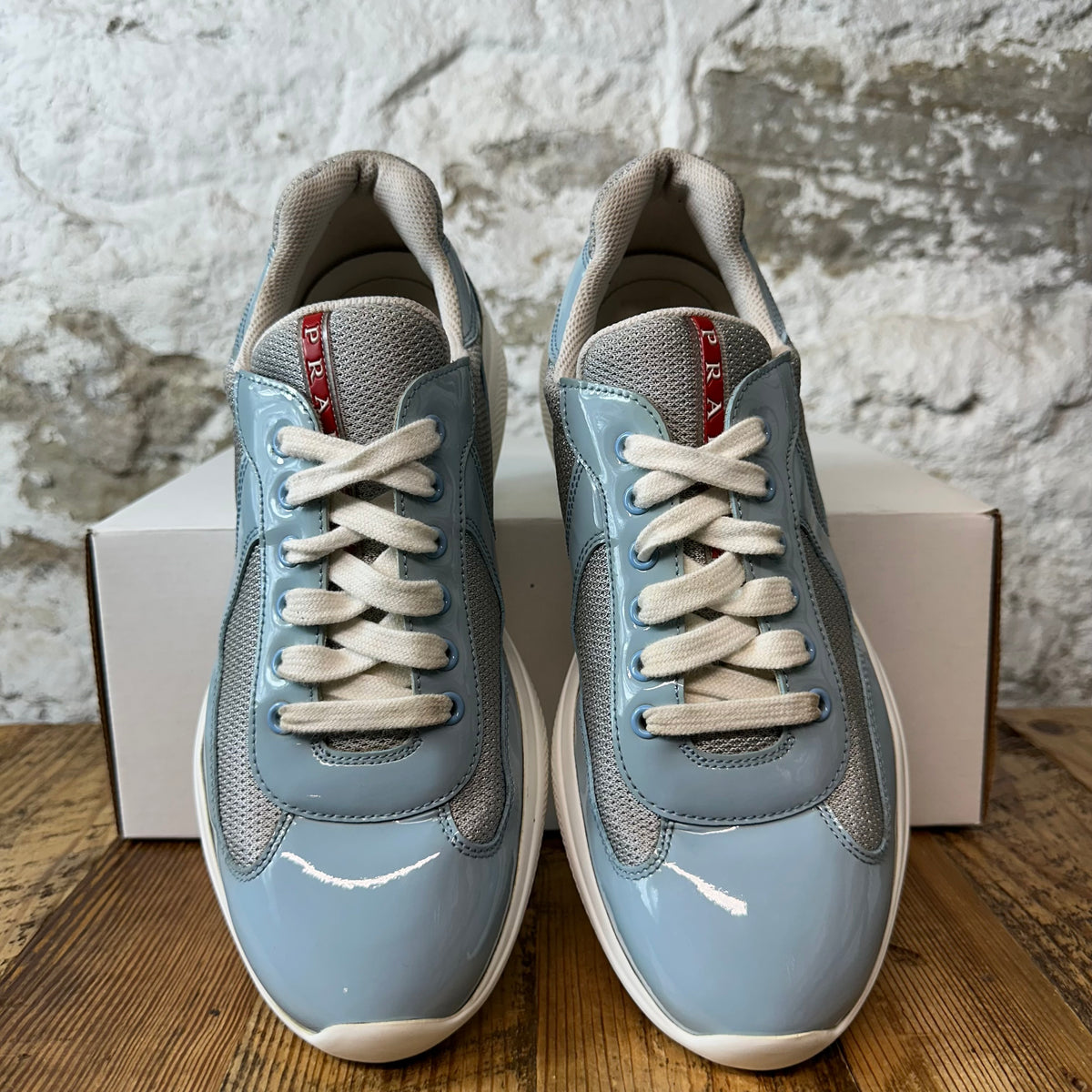 Prada Americas Cup Light Blue Patent Grey White Sneaker Sz 8