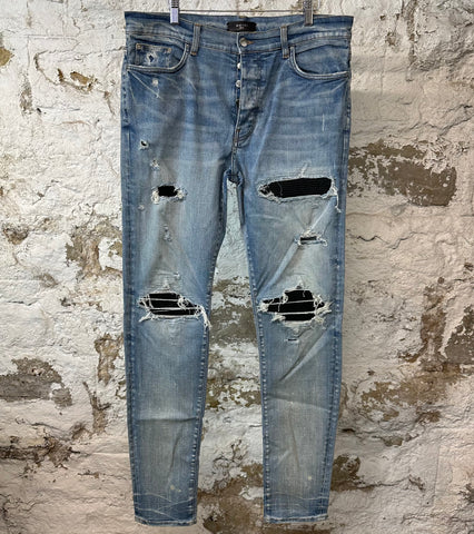Amiri MX1 Black Suede Blue Denim Jeans Sz 36