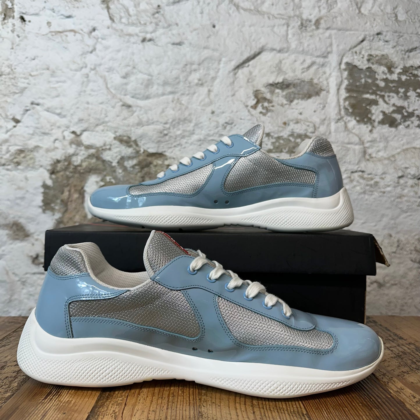 Prada Americas Cup Baby Blue Patent Grey White Sneaker Sz 14