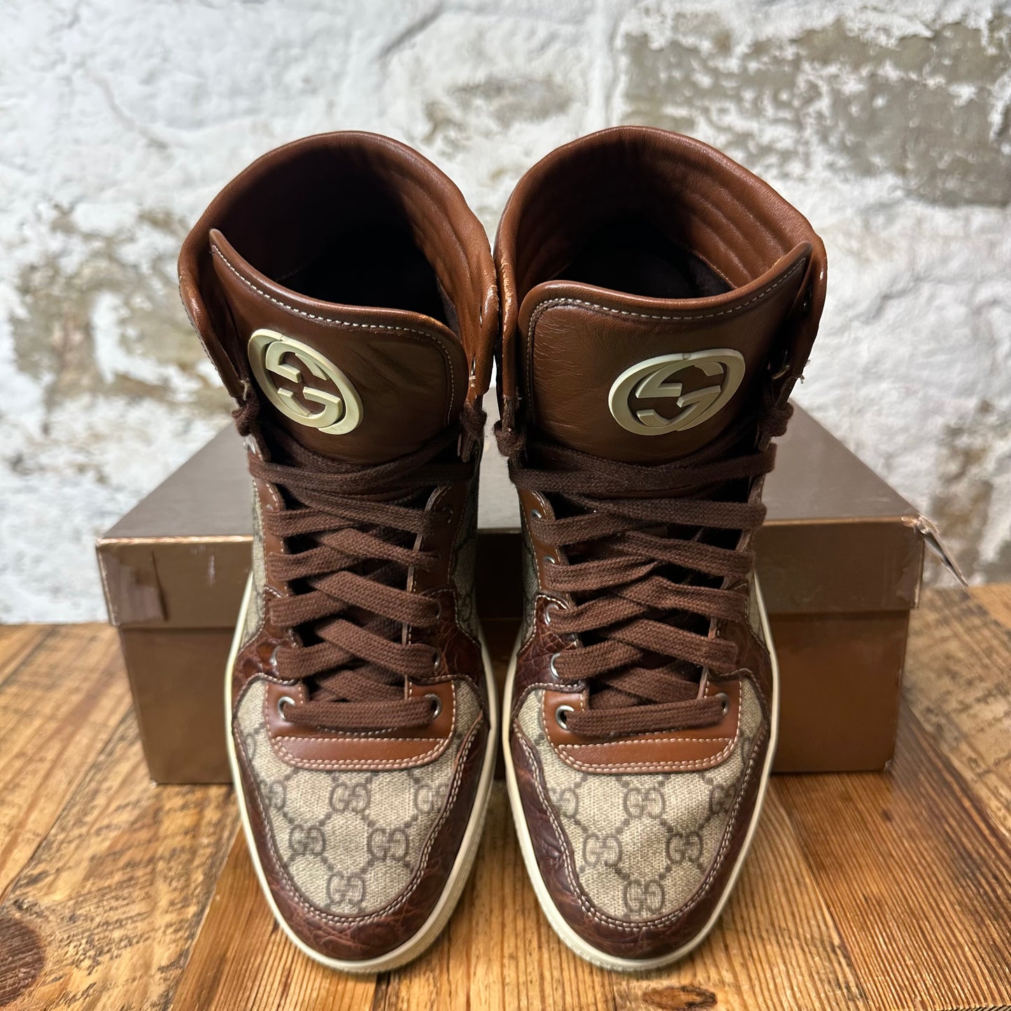 Gucci High GG Monogram Brown Beige Sneaker Sz 8