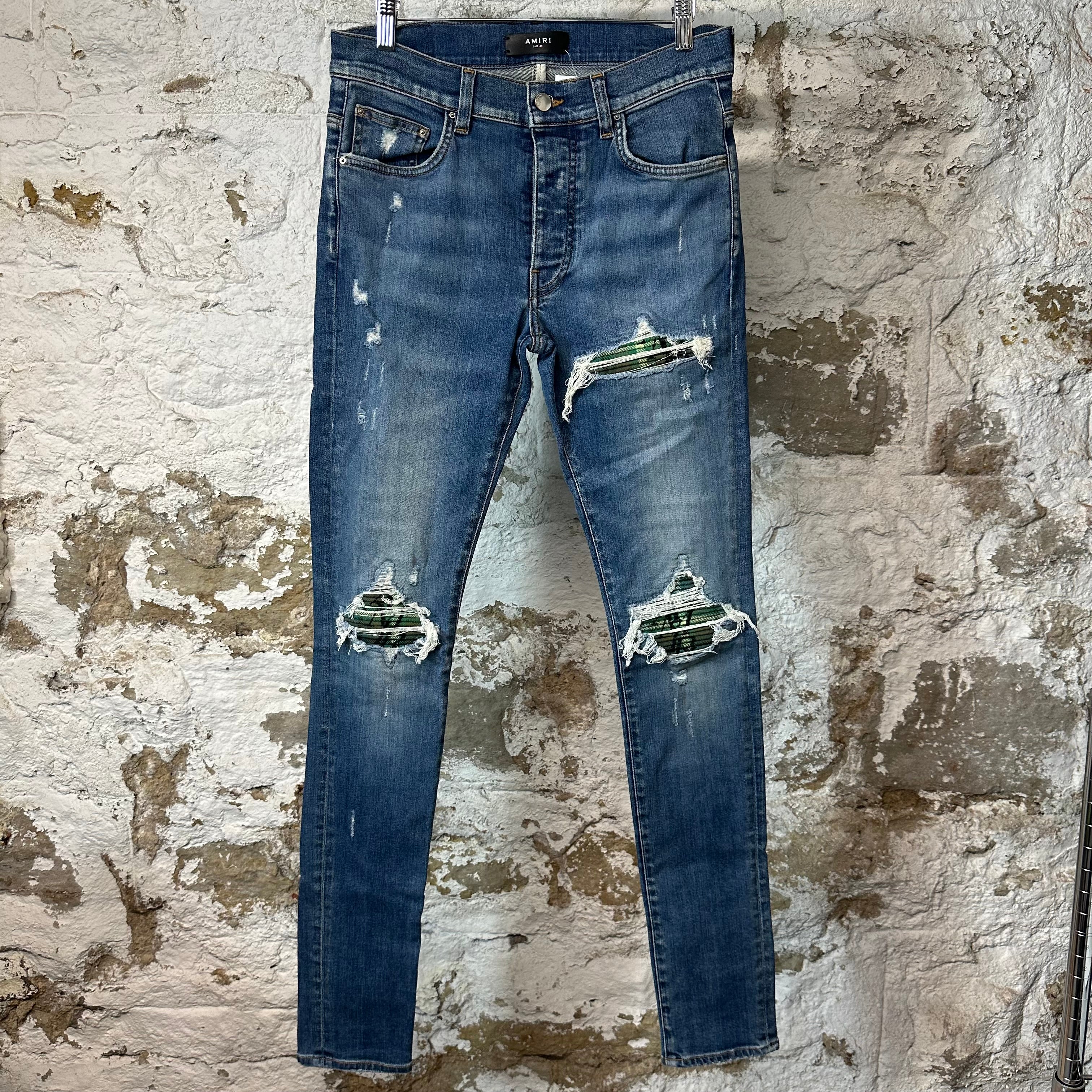 Amiri MX1 Green Plaid Flannel Dark Blue Denim Jeans Sz 30
