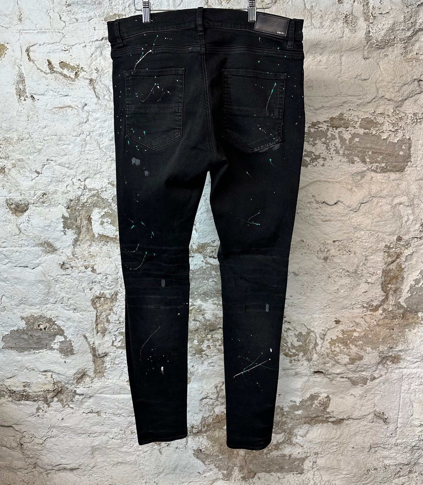 Amiri Knee Rip Paint Splatter Black Denim Jeans Sz 36