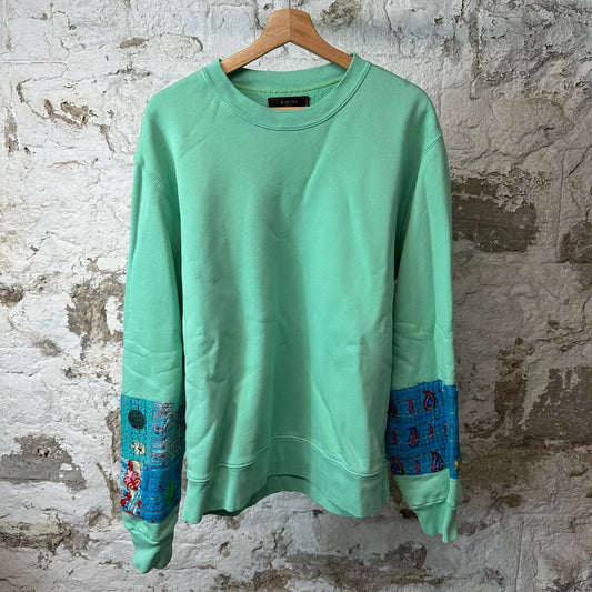 Amiri Quilted Sleeve Patch Crewneck Cyan Green Sz M
