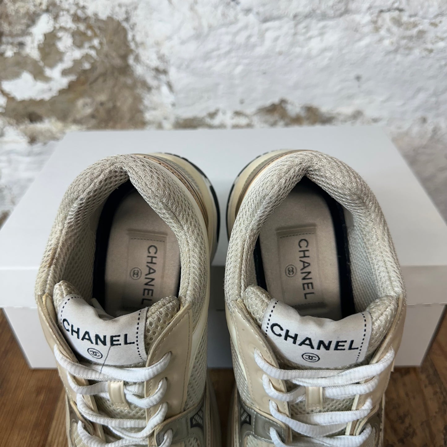 Chanel CC Ivory Silver Trainer Sneaker Sz 5.5 (37.5) No Box