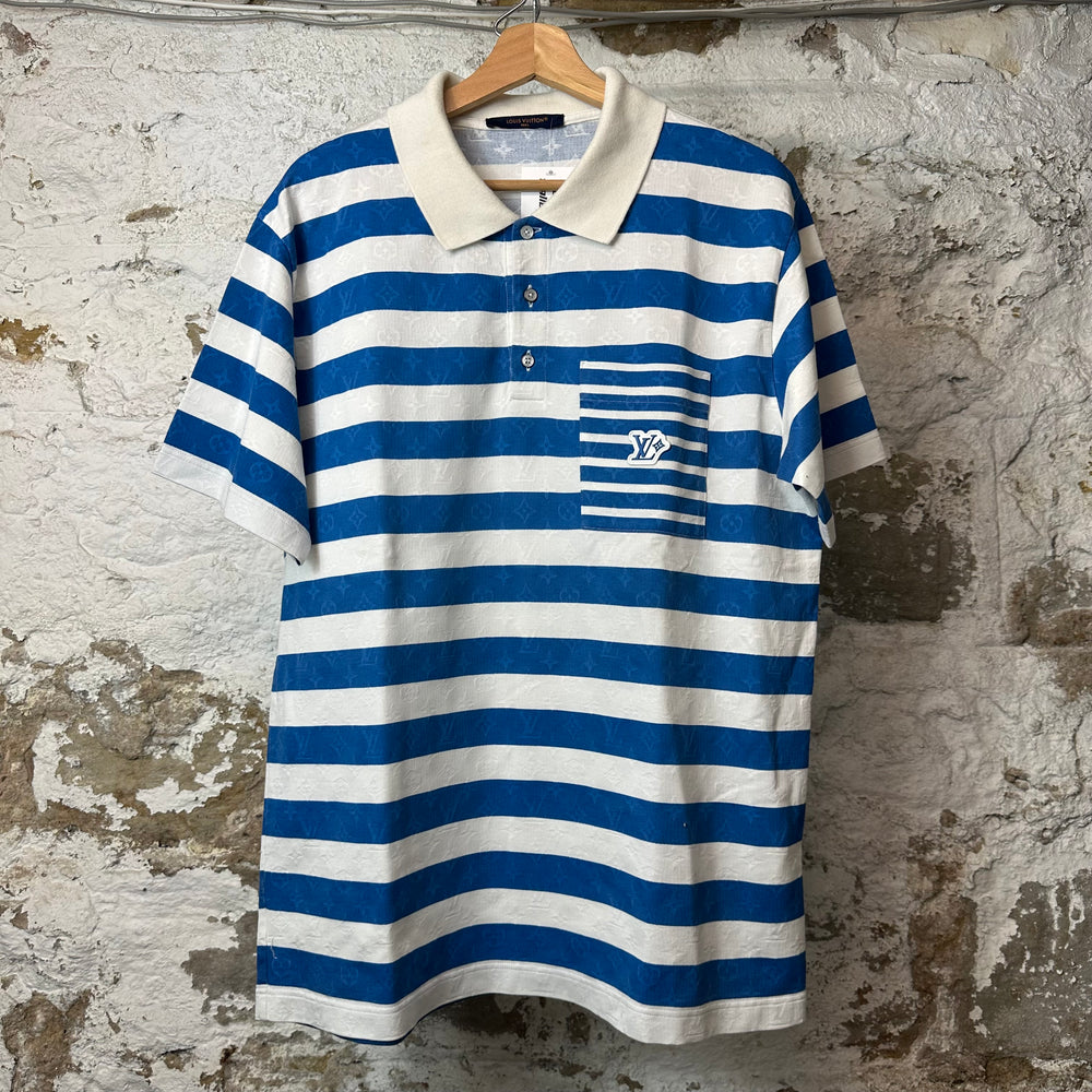 Louis Vuitton Blue White Striped Monogram Polo Shirt Sz XL