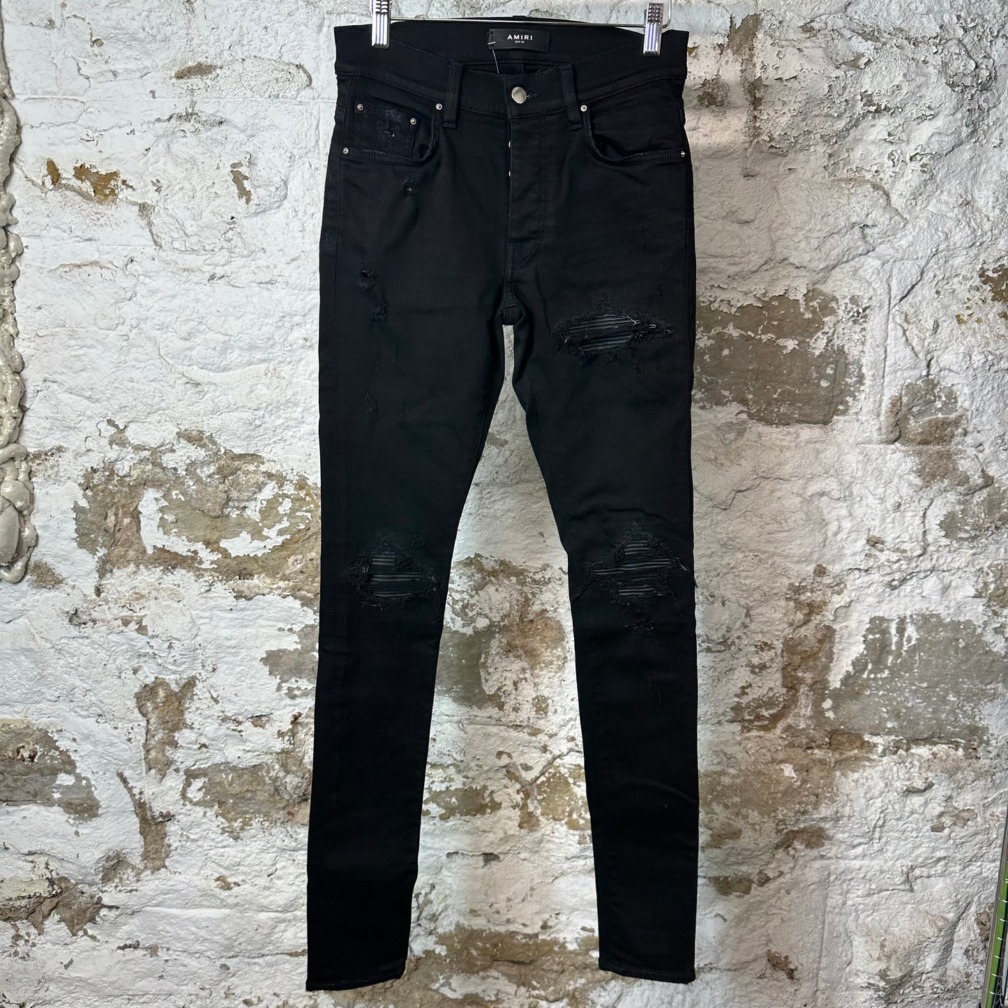 Amiri MX1 Black Leather Black Denim Jeans Sz 29
