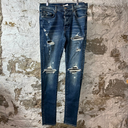 Amiri MX1 Black Leather Dark Blue Denim Jeans Sz 32